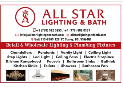 A site sign highlighting Residential and commercial lighting fixtures in surrey, plimbing, kitchenware
